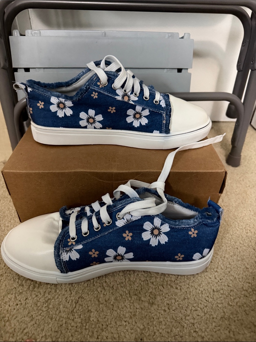 Blue Floral Lace-Up Women's Sneakers with White Toe Cap